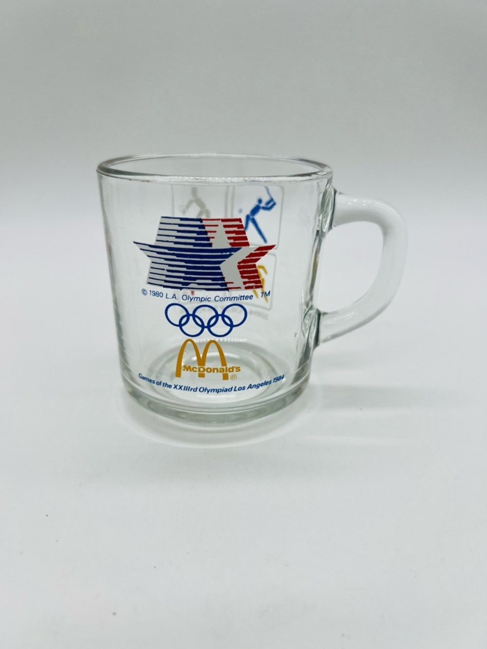 McDonald's Clear Glass Mug with Red, Blue, Yellow 1984 Olympic Logos